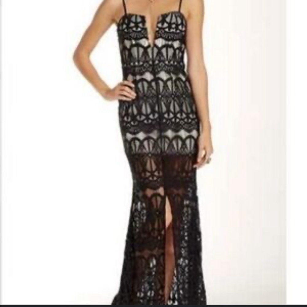 Elegant Black Lace split front Evening Gown